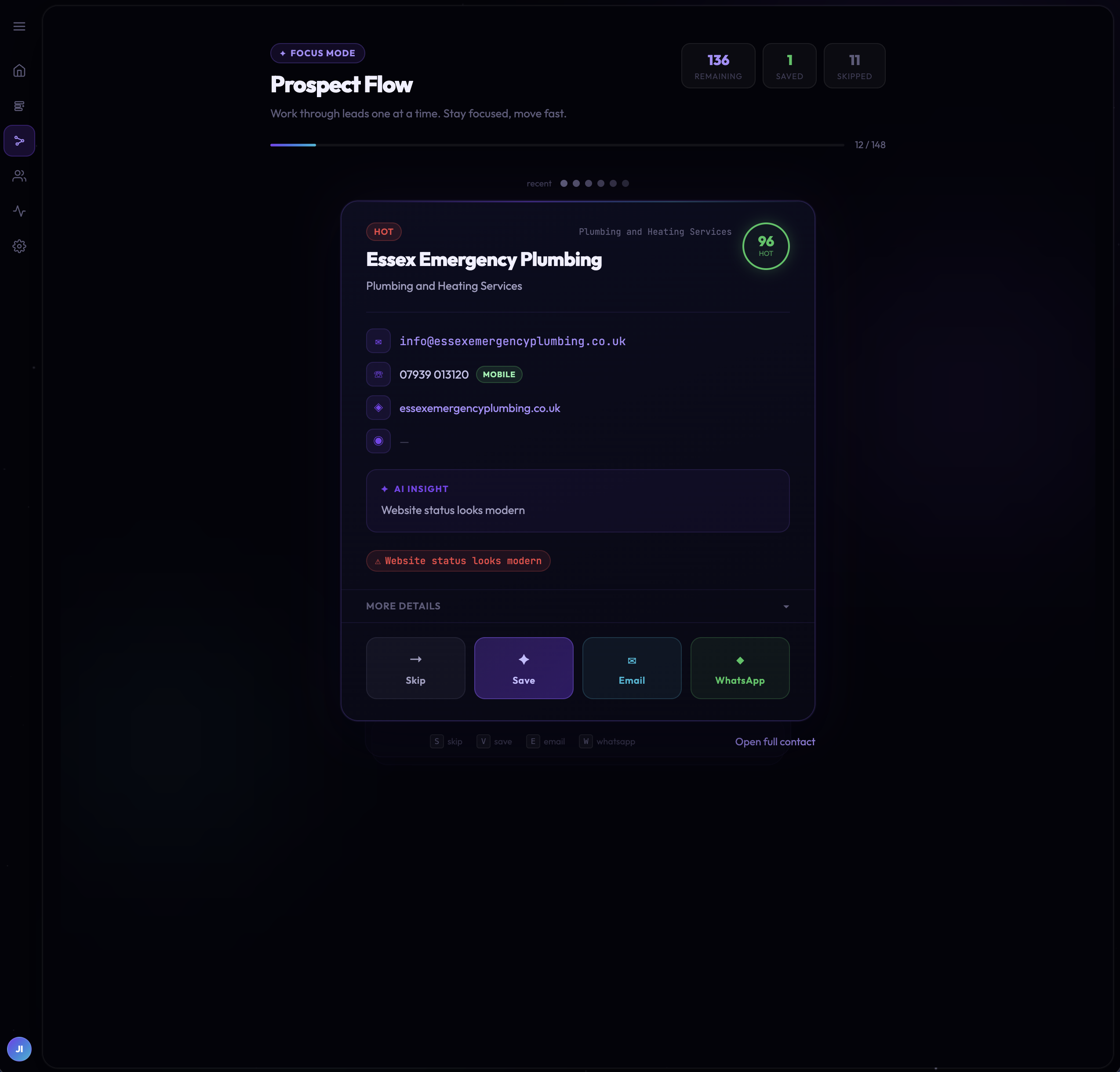 KeywordIQ Prospect Flow page screenshot